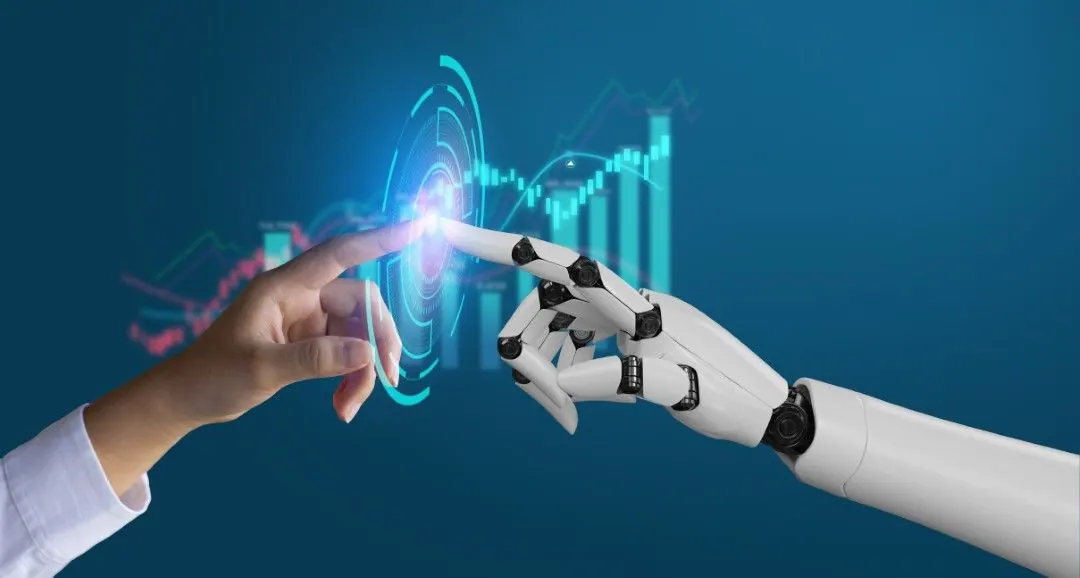 Une main humaine et une main robotique se touchent devant un graphique, pour illustrer l’IA face au chasseur immobilier