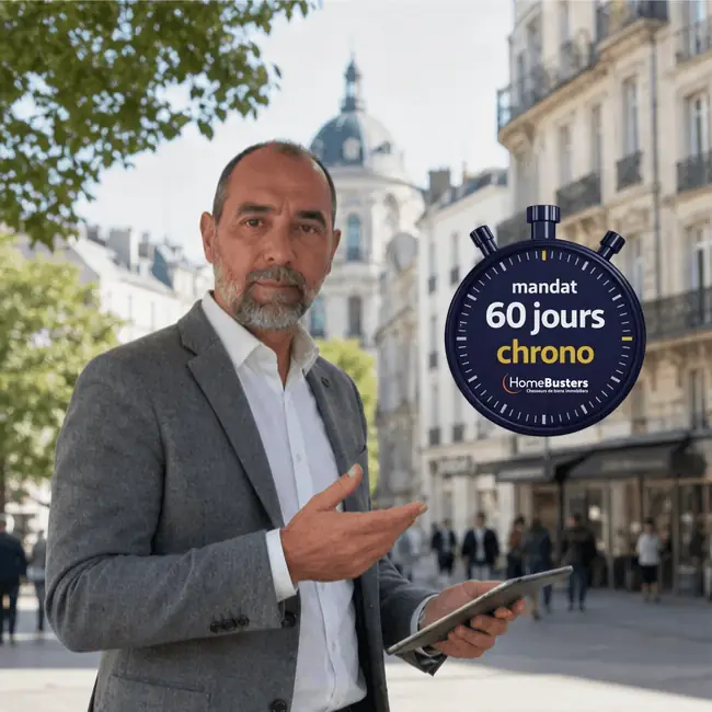 Chasseur immobilier à Nantes avec le badge « Mandat 60 jours chrono HomeBusters »