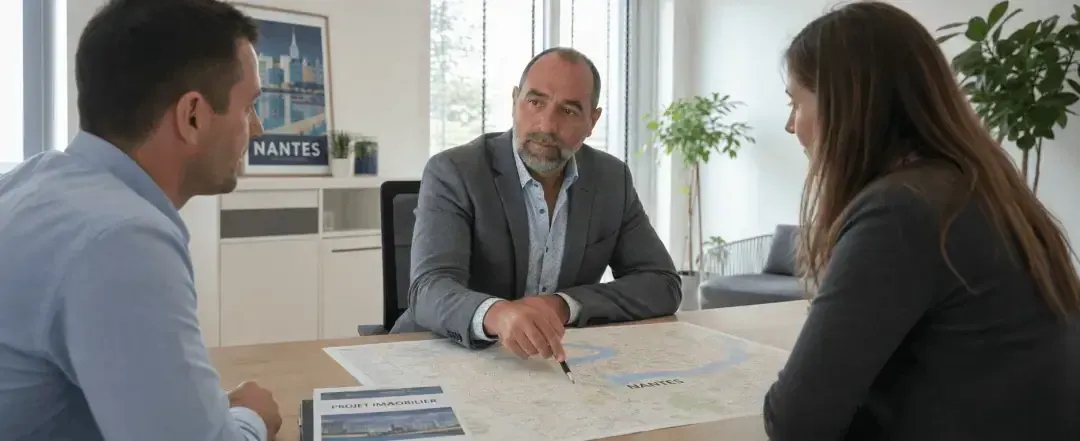 Rendez-vous au bureau de HomeBusters : un chasseur immobilier présente un plan de la ville à un couple